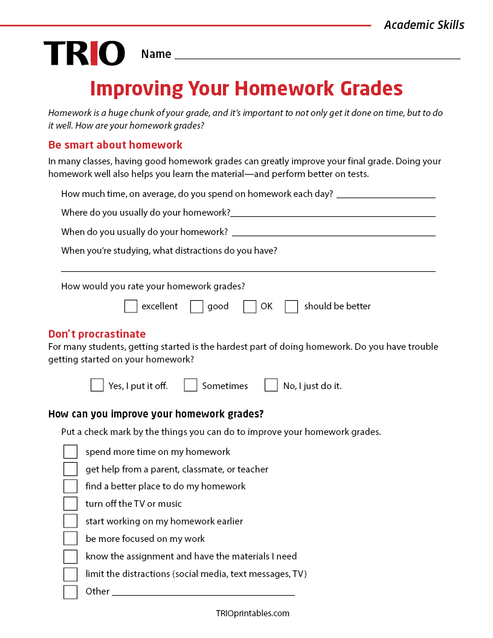 Improving Your Homework Grades Activity Sheet – TRIO Printables