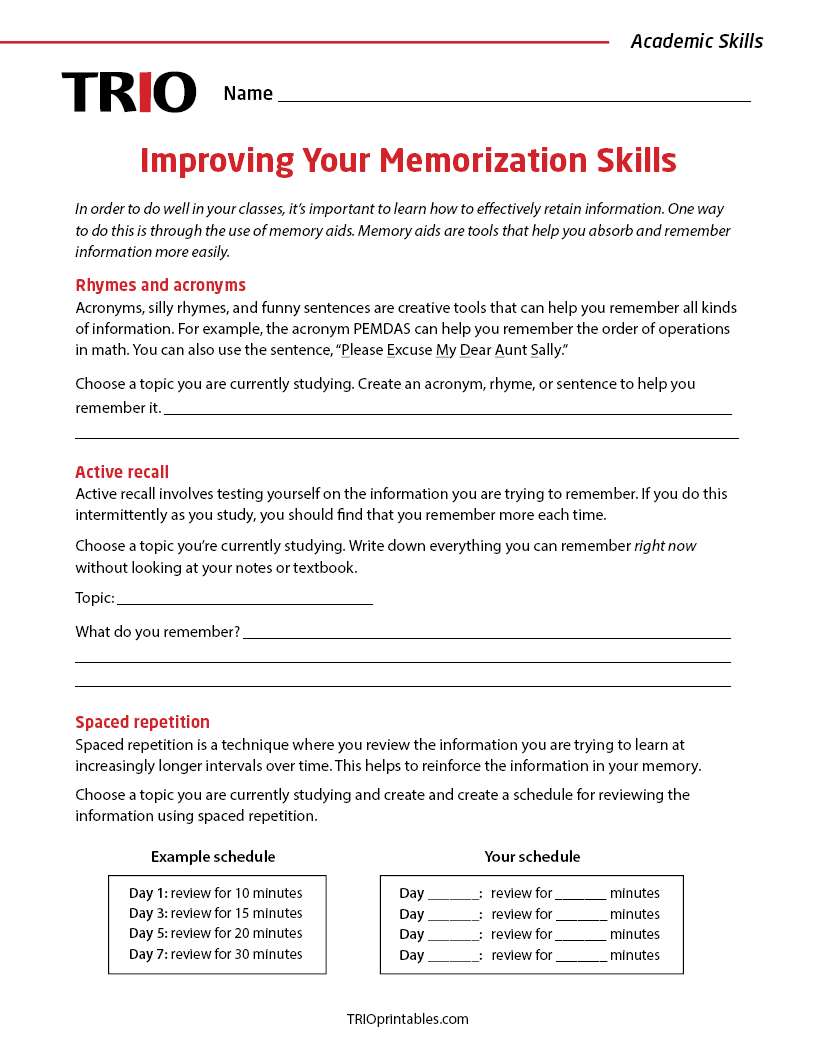 Improving Your Memorization Skills Activity Sheet