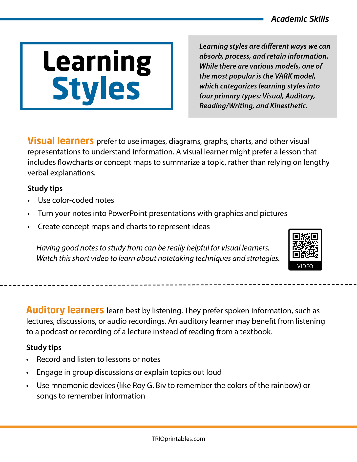 Learning Styles Informational Sheet