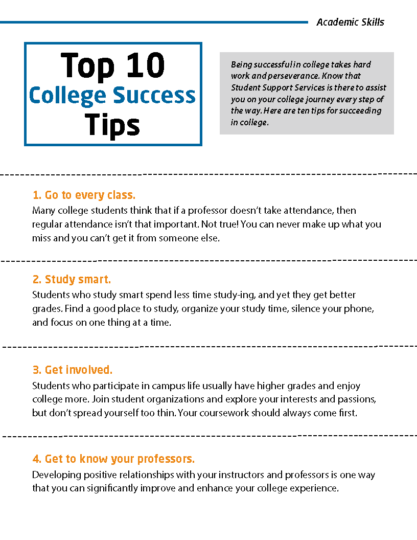 Top 10 College Success Tips Informational Sheet