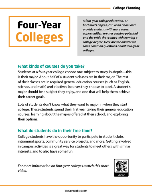 Four-Year Colleges Informational Sheet