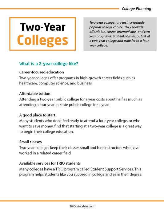 Two-Year Colleges Informational Sheet