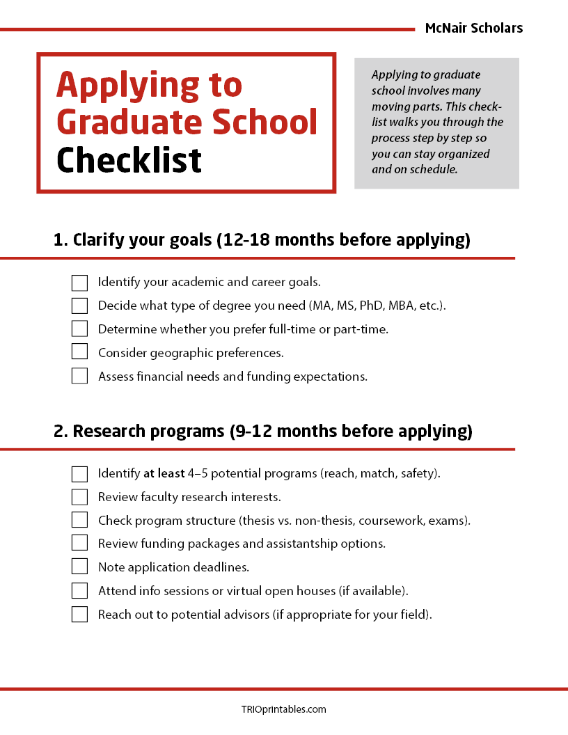 McNair Scholars - Applying to Graduate School Checklist
