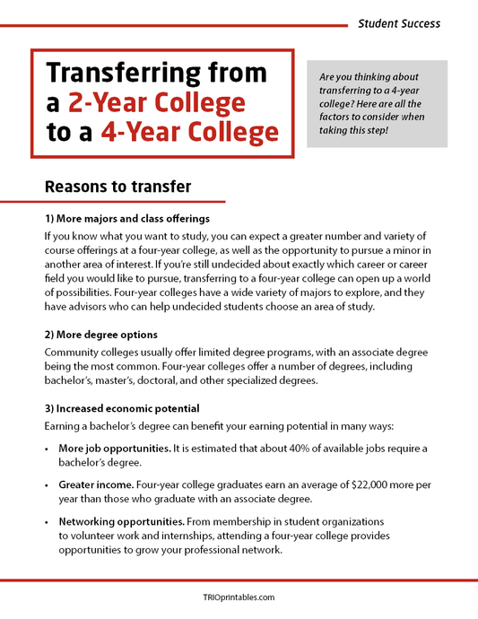 Transferring from a 2-Year to 4-Year College Informational Sheet