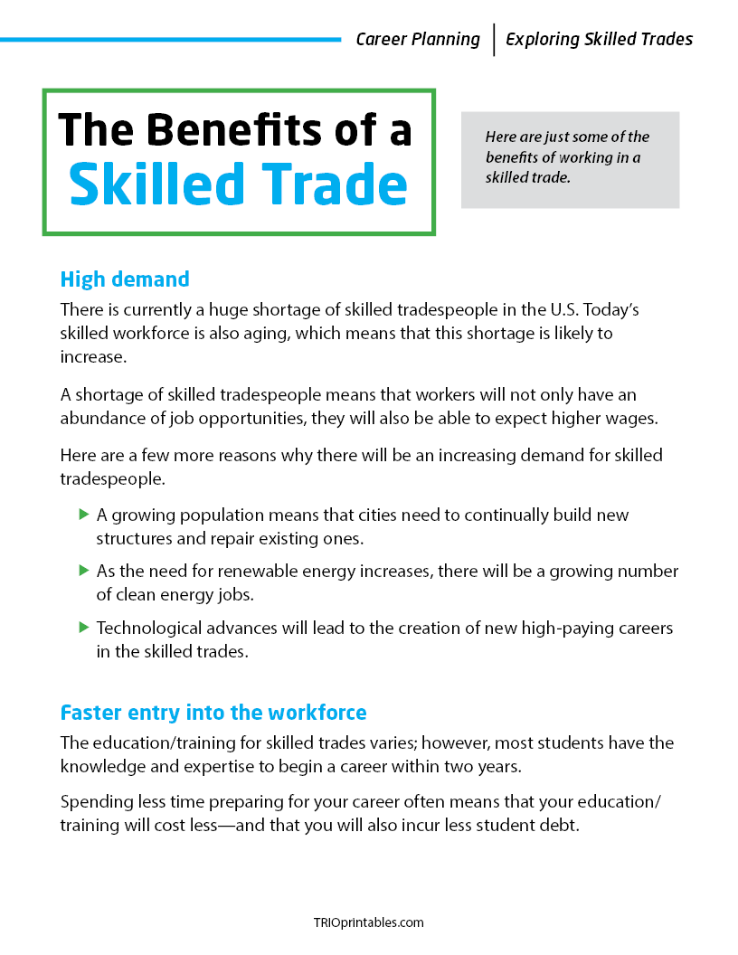 The Benefits of Skilled Trades Informational Sheet