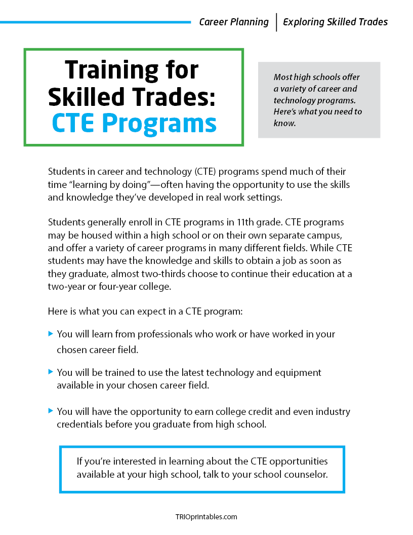 Training for the Trades - CTE Programs Informational Sheet