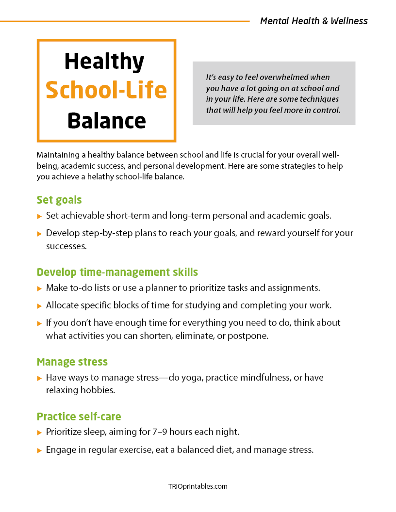 Healthy SchoolLife Balance Informational Sheet TRIO Printables