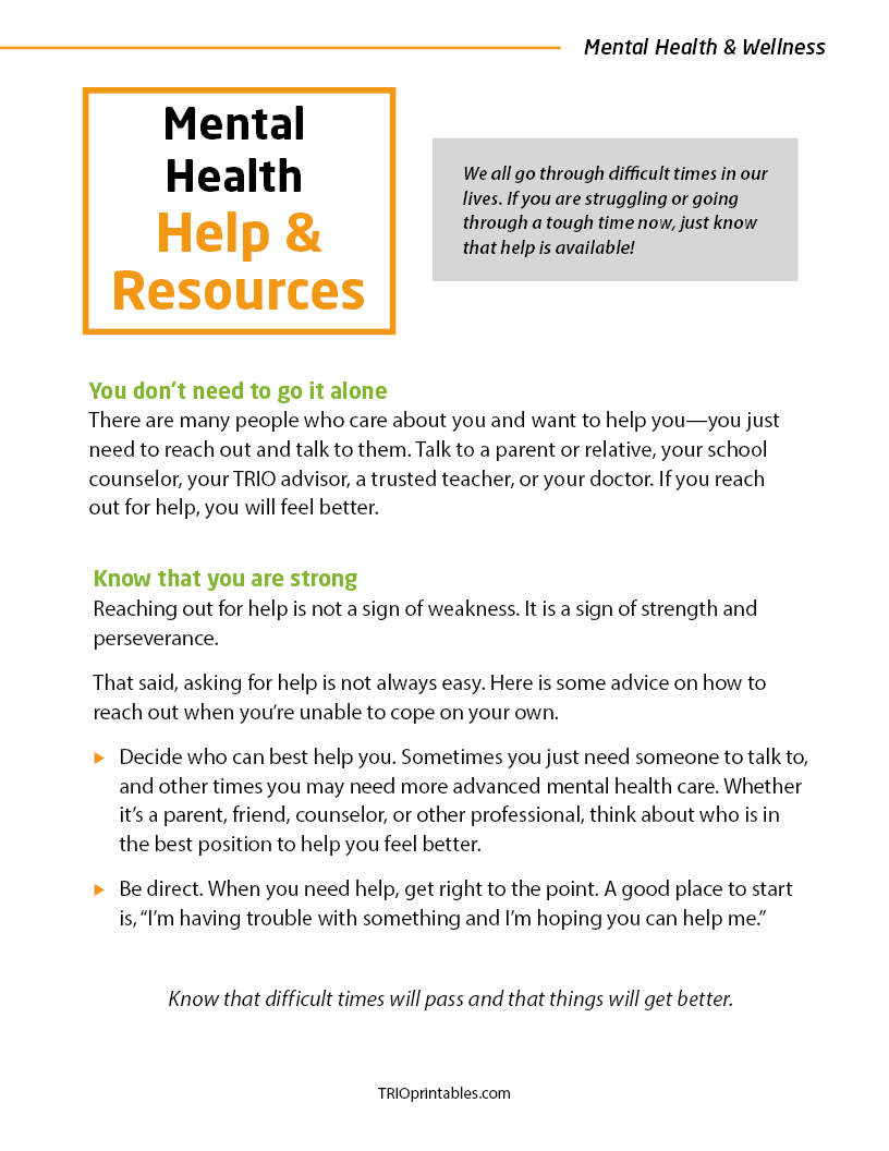 Mental Health Help & Resources Informational Sheet – TRIO Printables