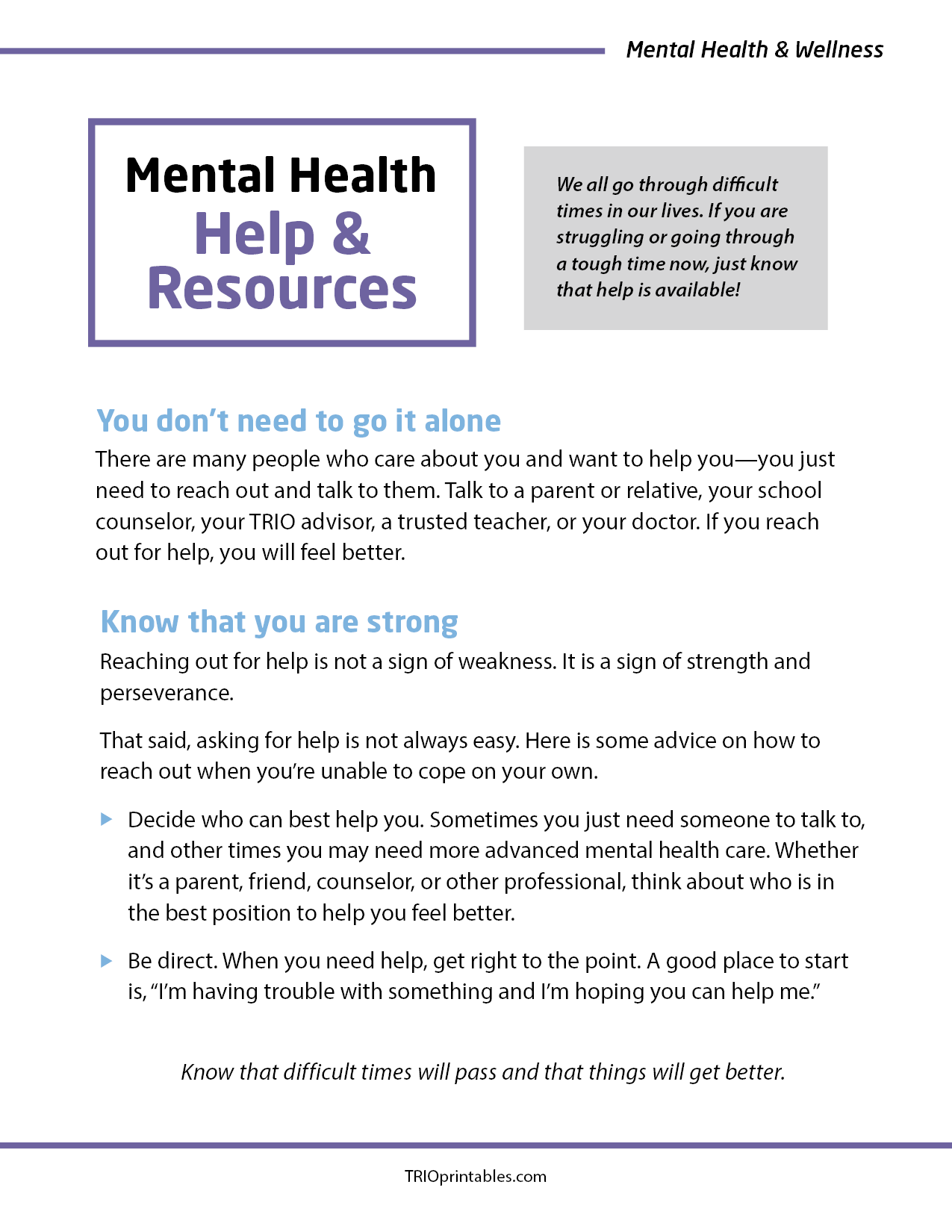 Mental Health Help & Resources Informational Sheet