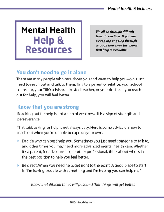Mental Health Help & Resources Informational Sheet