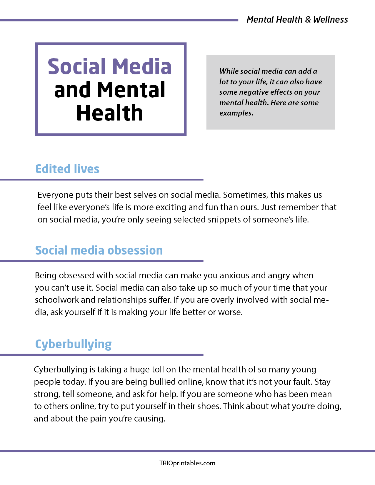 Social Media and Mental Health Informational Sheet