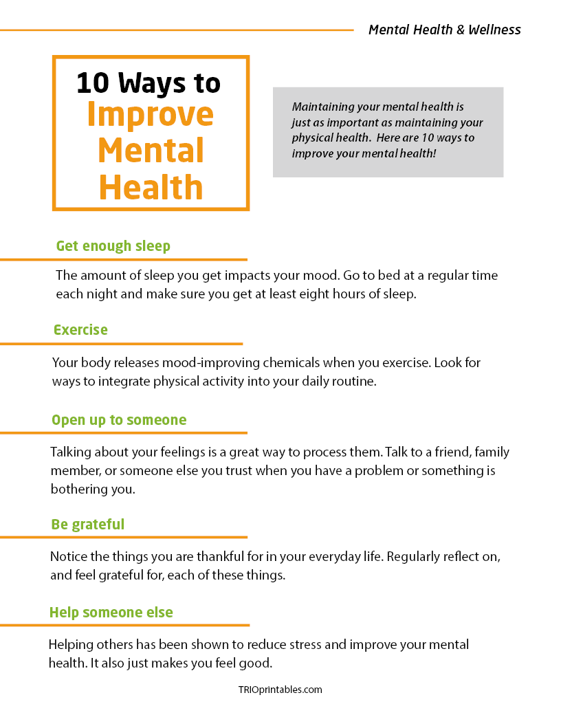 Top 10 Ways to Improve Your Mental Health Informational Sheet