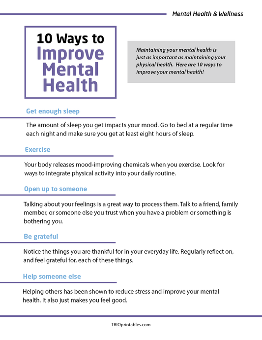 Top 10 Ways to Improve Your Mental Health Informational Sheet