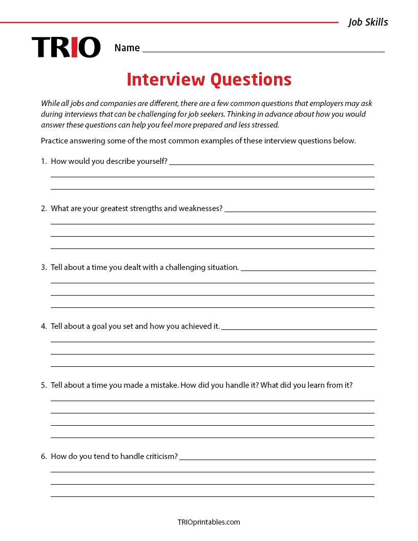 Interview Questions Activity Sheet