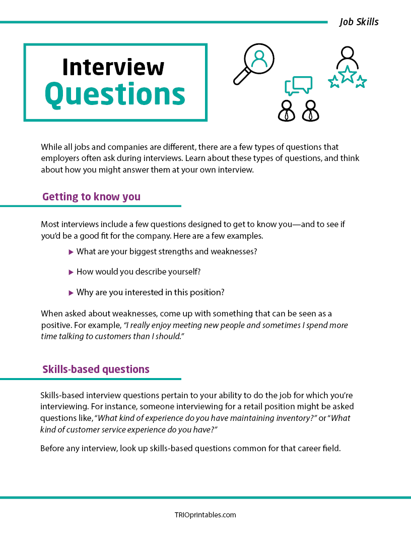 Interview Questions Informational Sheet – TRIO Printables