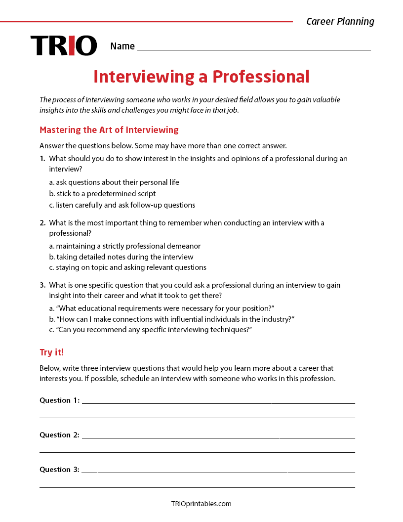 Interviewing a Professional Activity Sheet