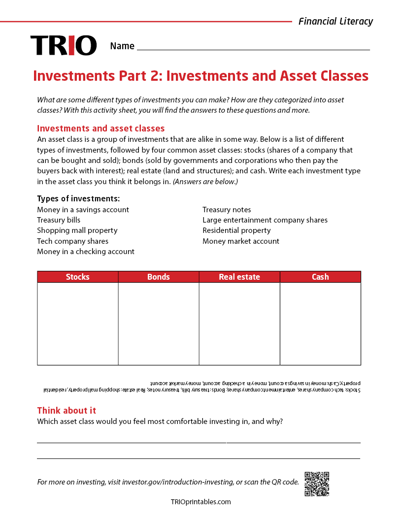 Investing Part 2: Investments and Asset Classes Activity Sheet