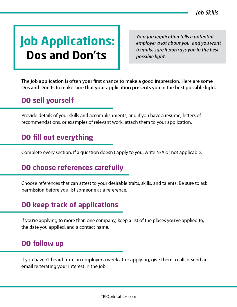 Job Applications: Dos and Don'ts Informational Sheet