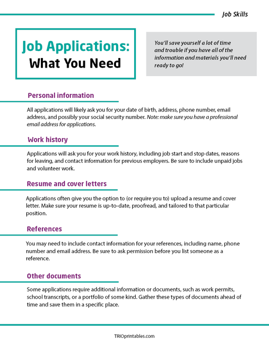 Job Applications: What You Need Informational Sheet