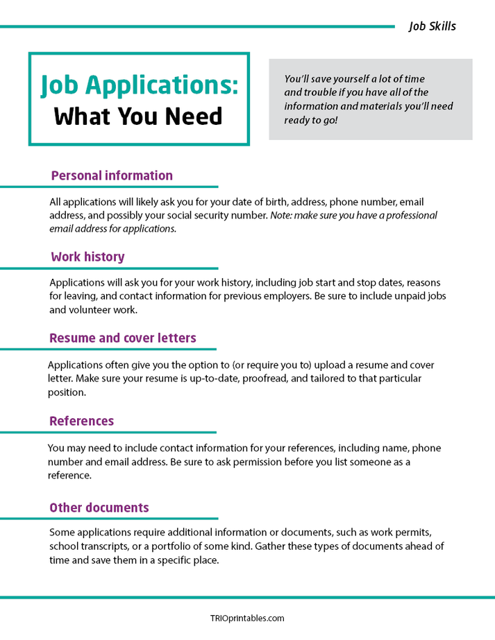 Job Applications: What You Need Informational Sheet – TRIO Printables