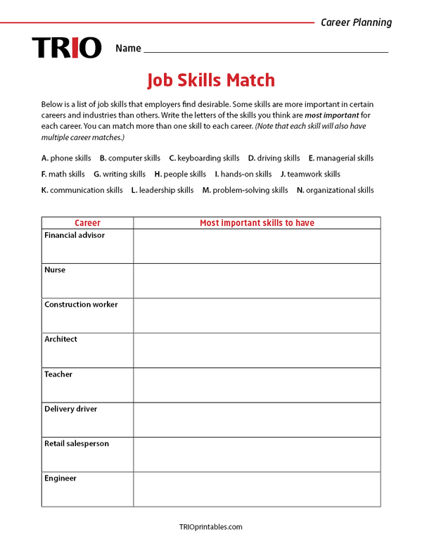 Job Skills Match Activity Sheet – TRIO Printables
