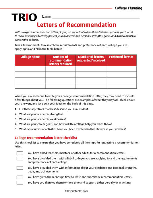 Letters of Recommendation Activity Sheet