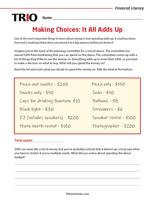 Making Choices: It All Adds Up Activity Sheet