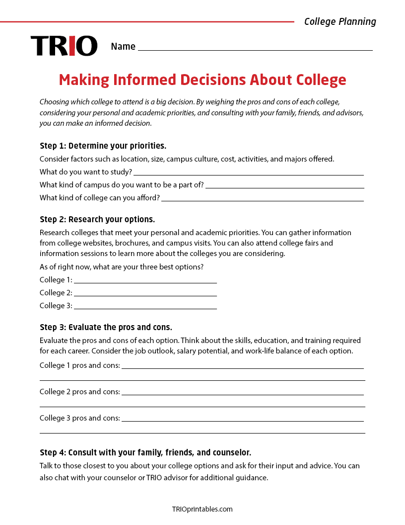 Making Informed Decisions About College Activity Sheet