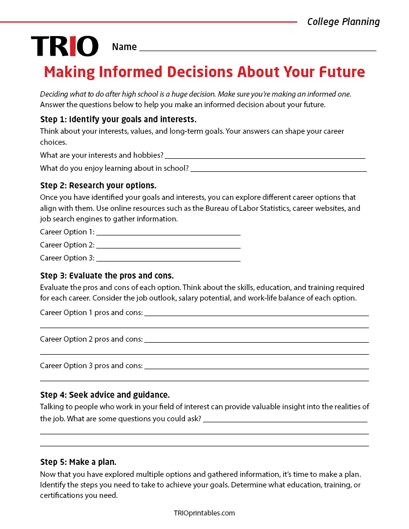 Making Informed Decisions About Your Future Activity Sheet