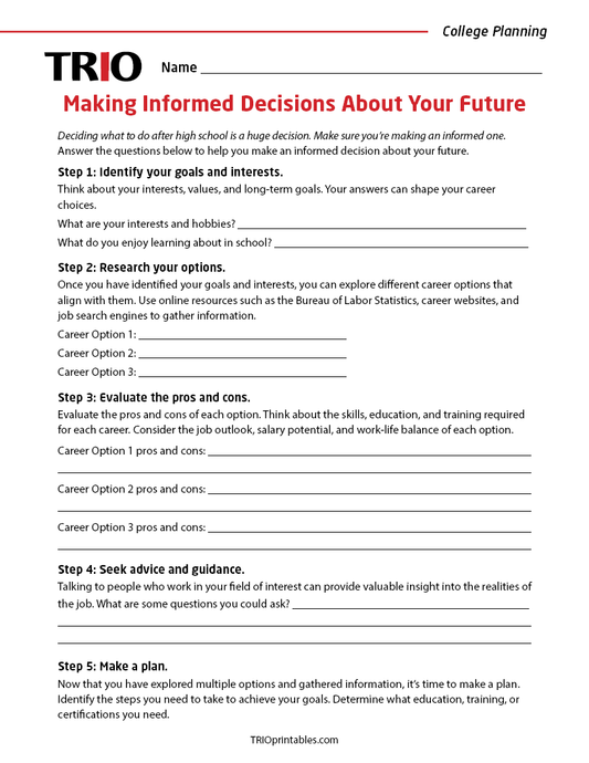 Making Informed Decisions About Your Future Activity Sheet