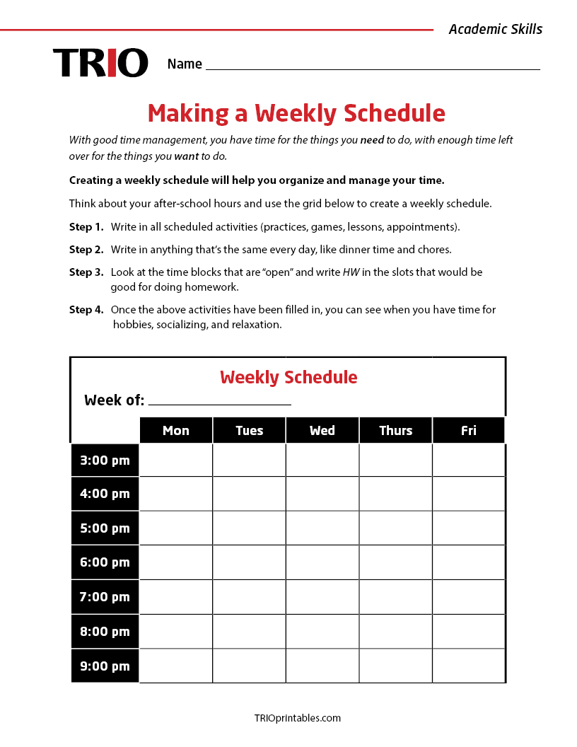 Making a Weekly Schedule Activity Sheet