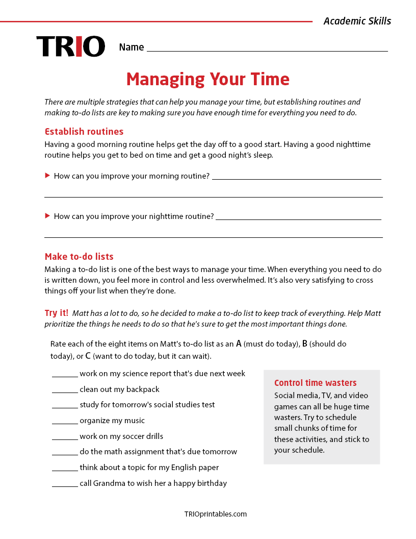 Managing Your Time Activity Sheet