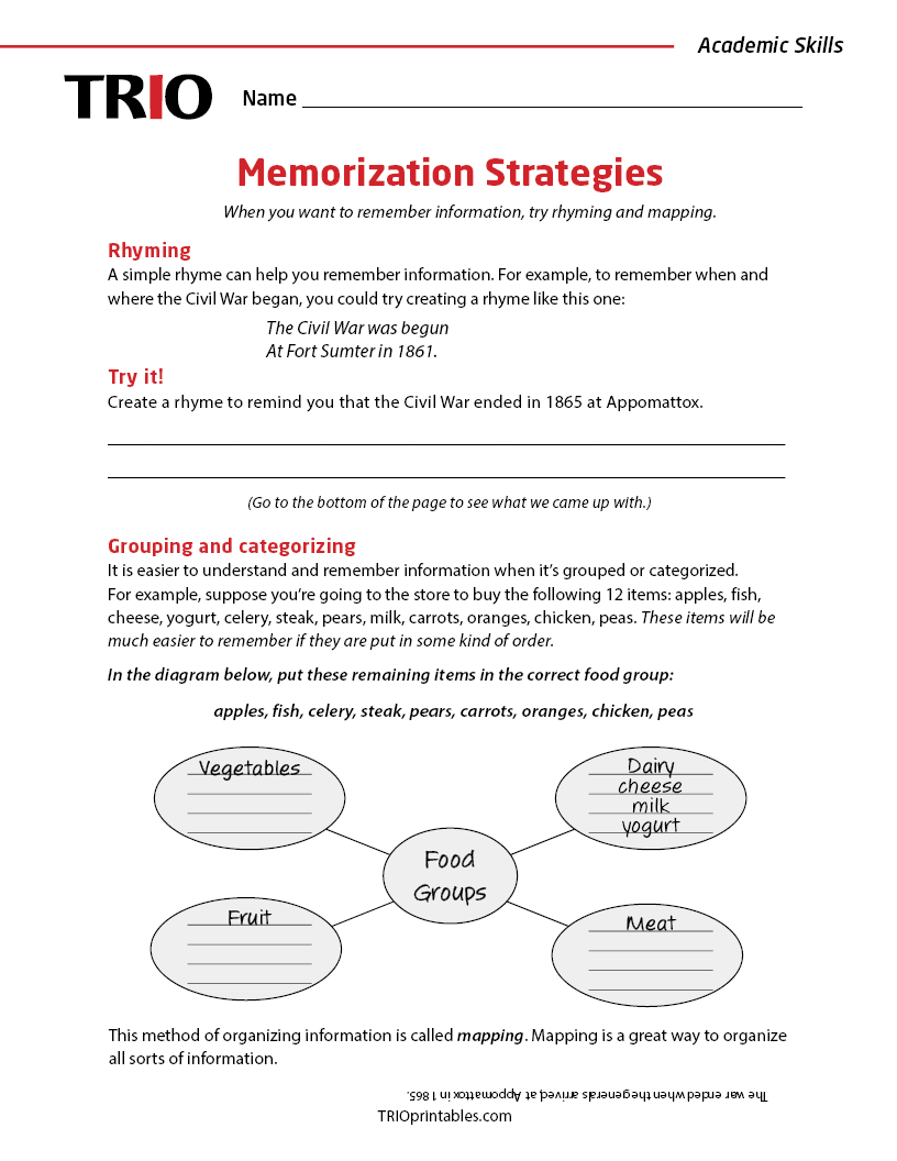 Memorization Strategies Activity Sheet