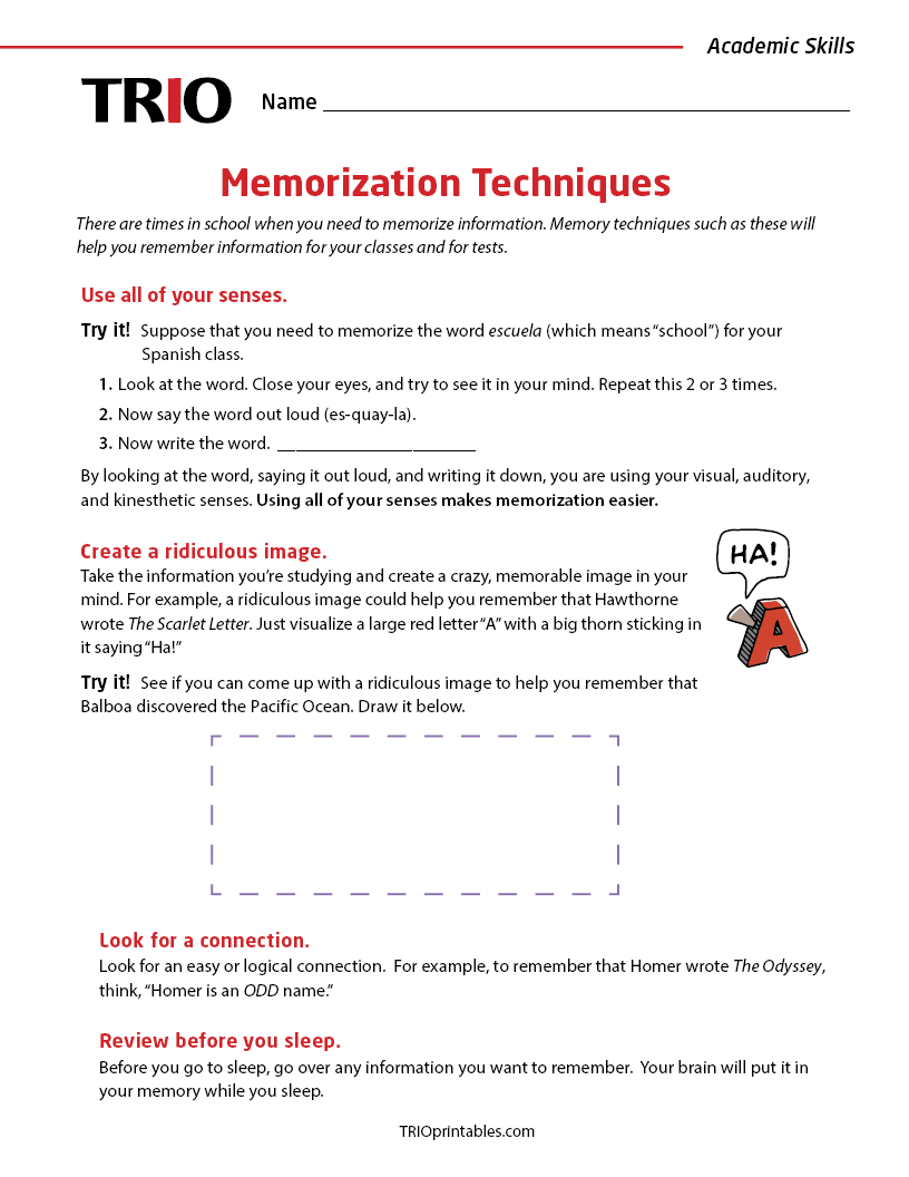 Memory Methods Sheet Memorization Techniques Activity Sheet – TRIO Printables