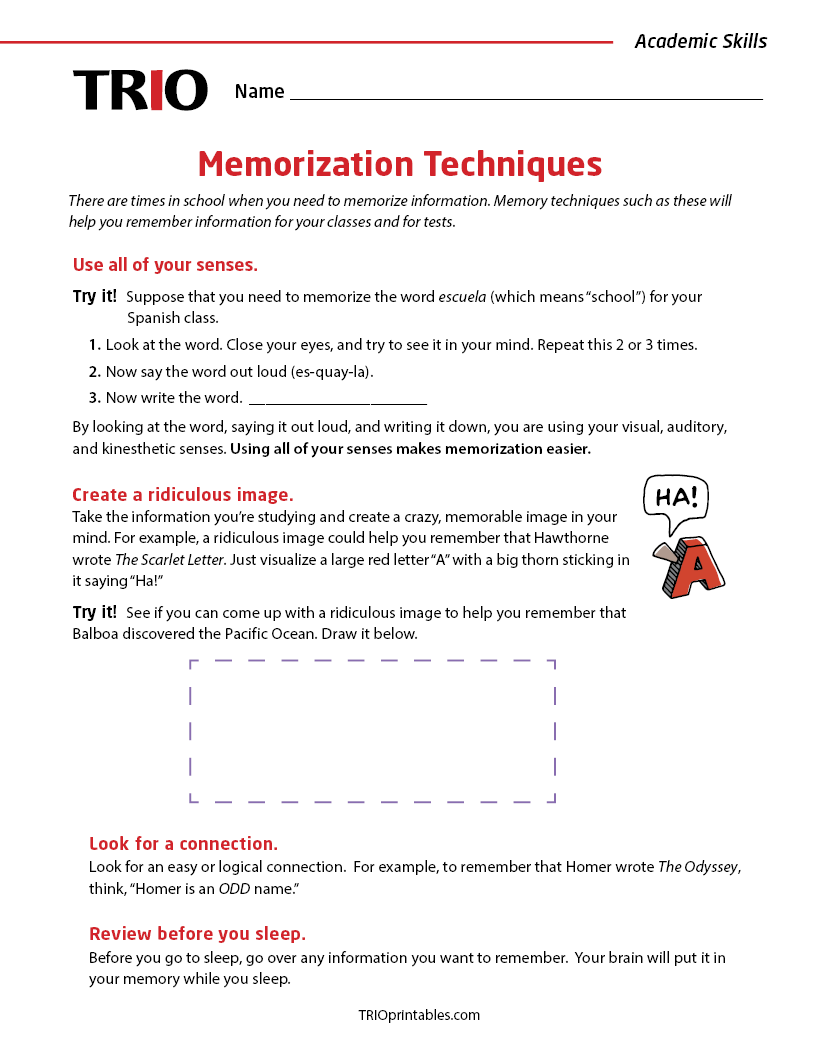 Memorization Techniques Activity Sheet
