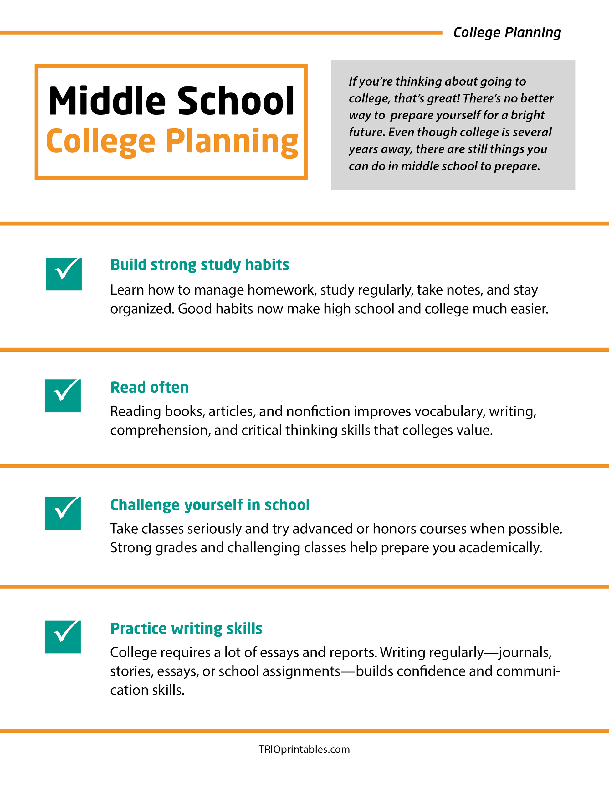 Middle School College Planning Informational Sheet