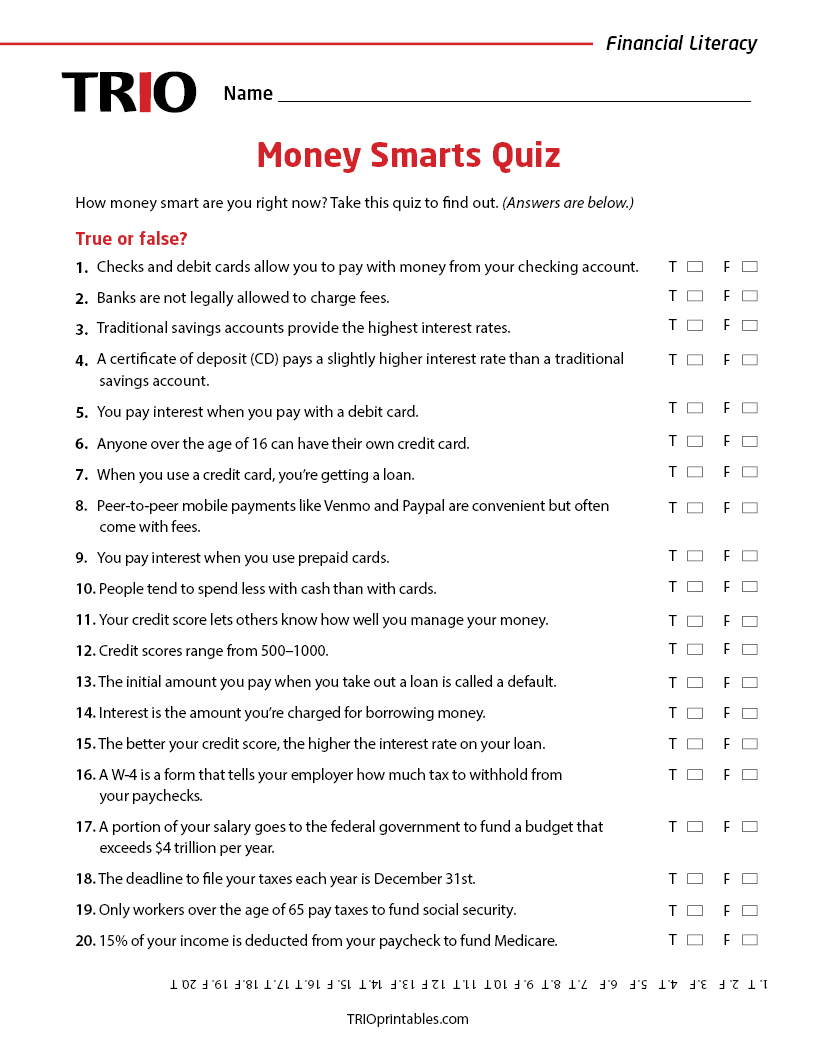 Money Smarts Quiz Activity Sheet