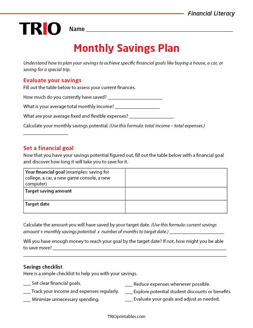 Monthly Savings Plan Activity Sheet