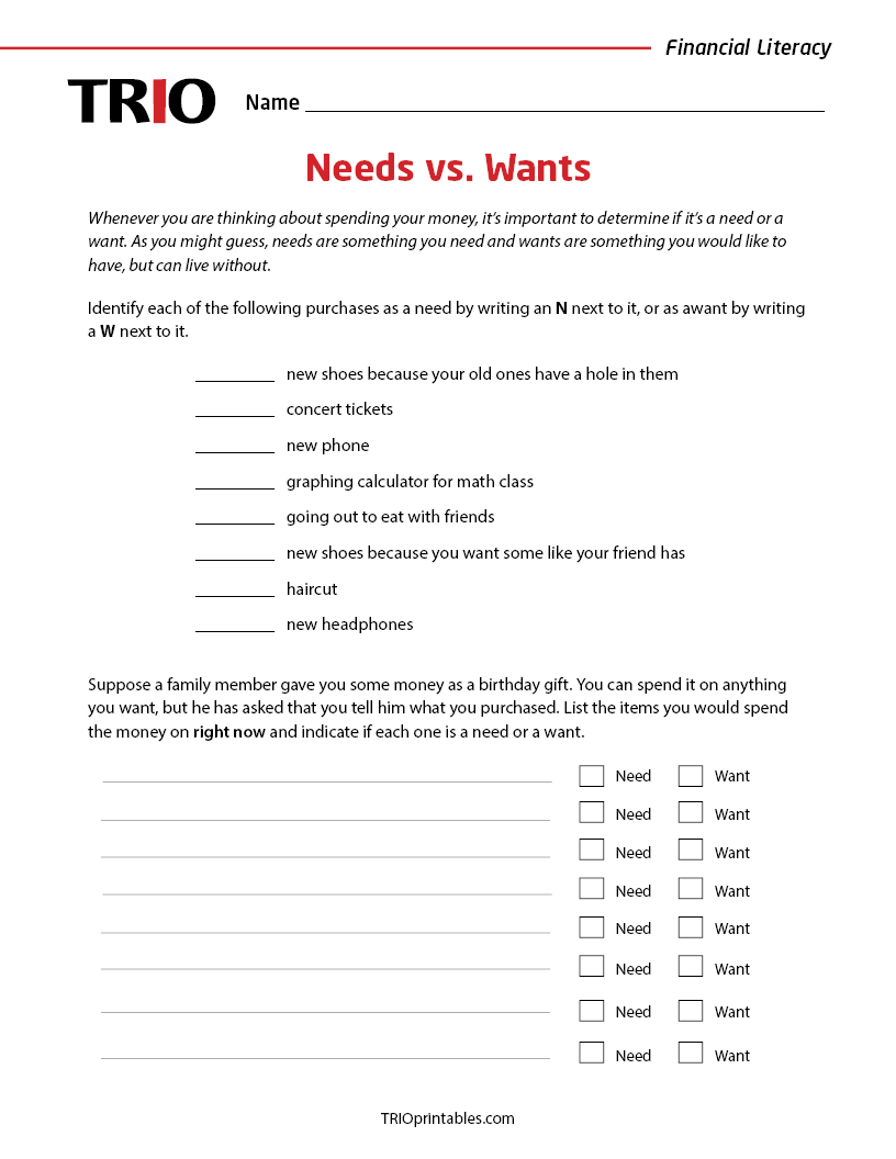 Needs vs. Wants Activity Sheet