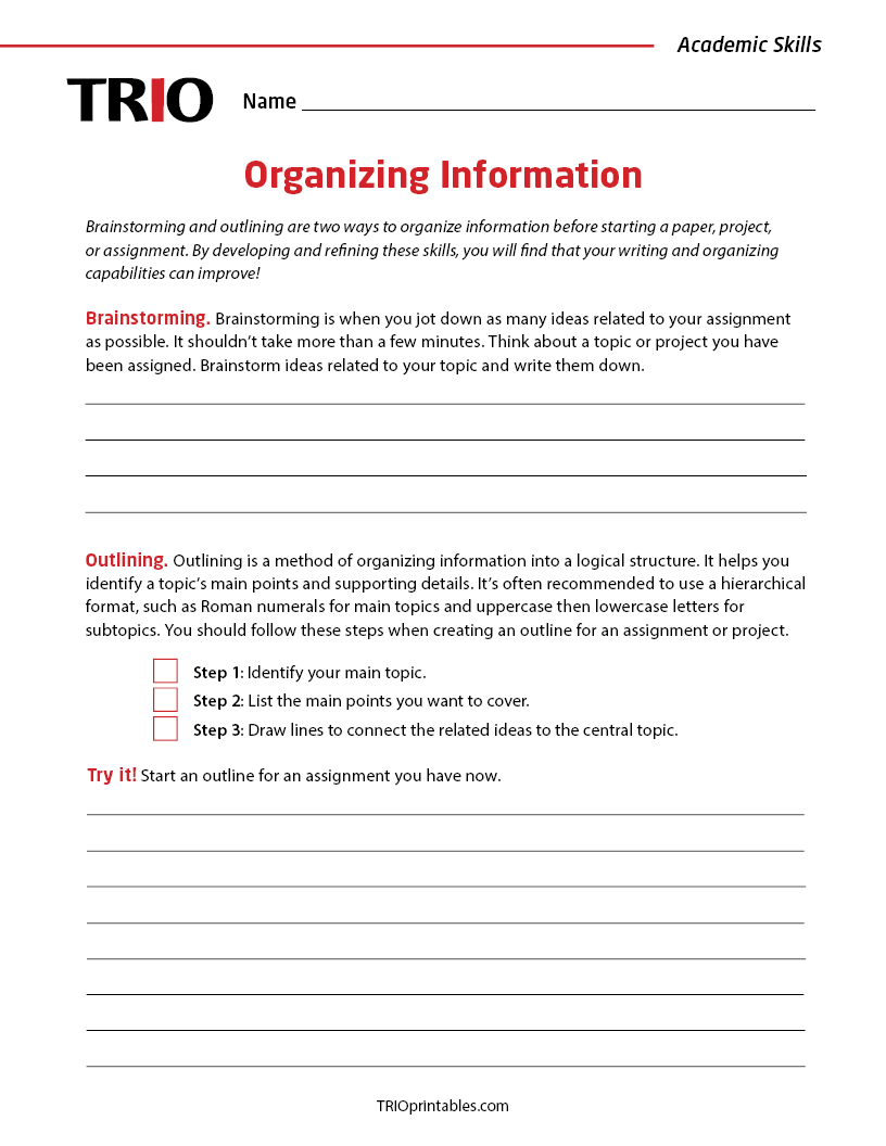 Organizing Information Activity Sheet – TRIO Printables