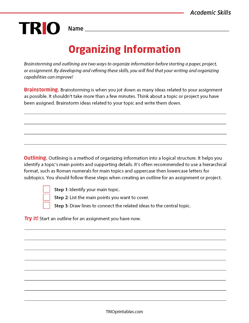 Organizing Information Activity Sheet