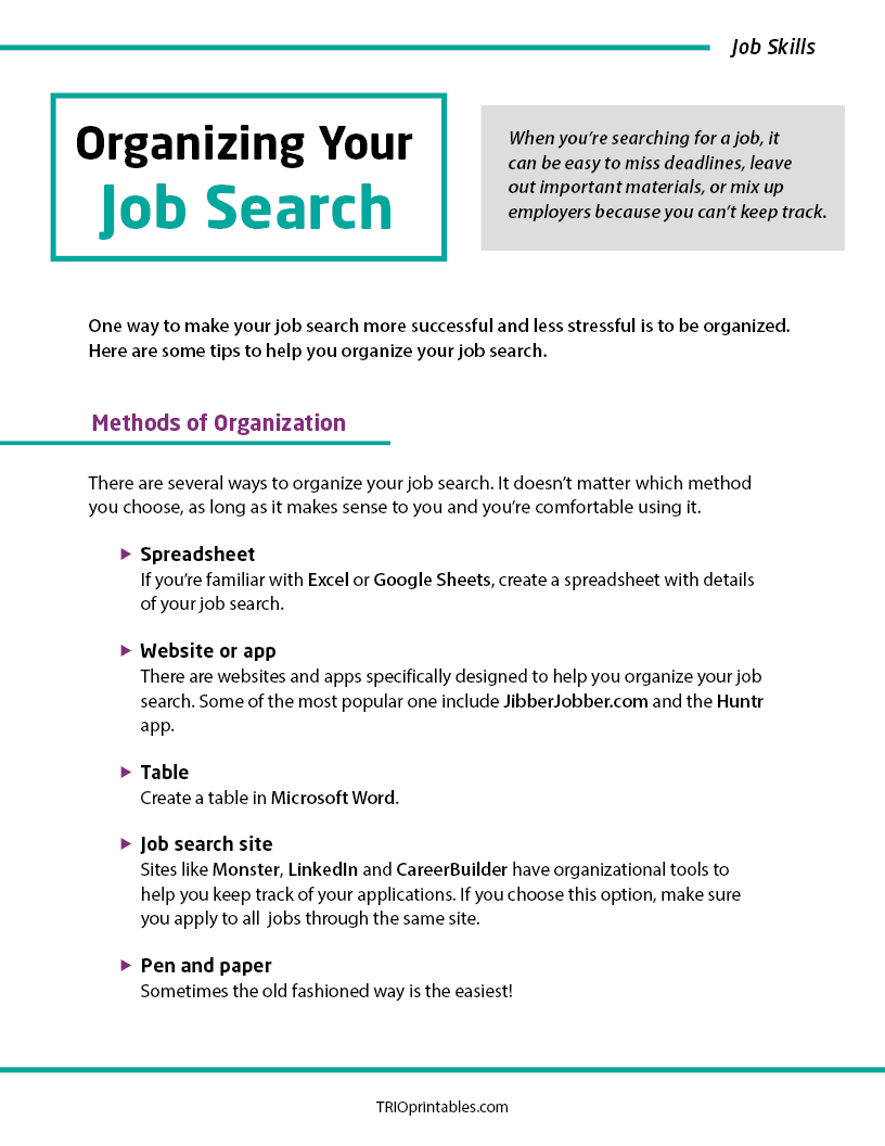 Work Search Basics Examples Organizing Your Job Search Informational Sheet – TRIO Printables