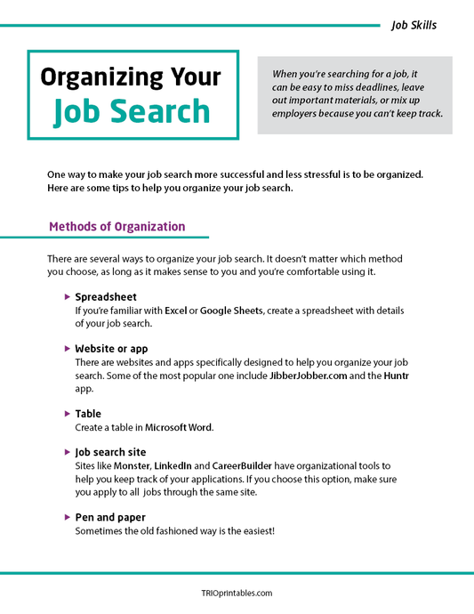 Organizing Your Job Search Informational Sheet