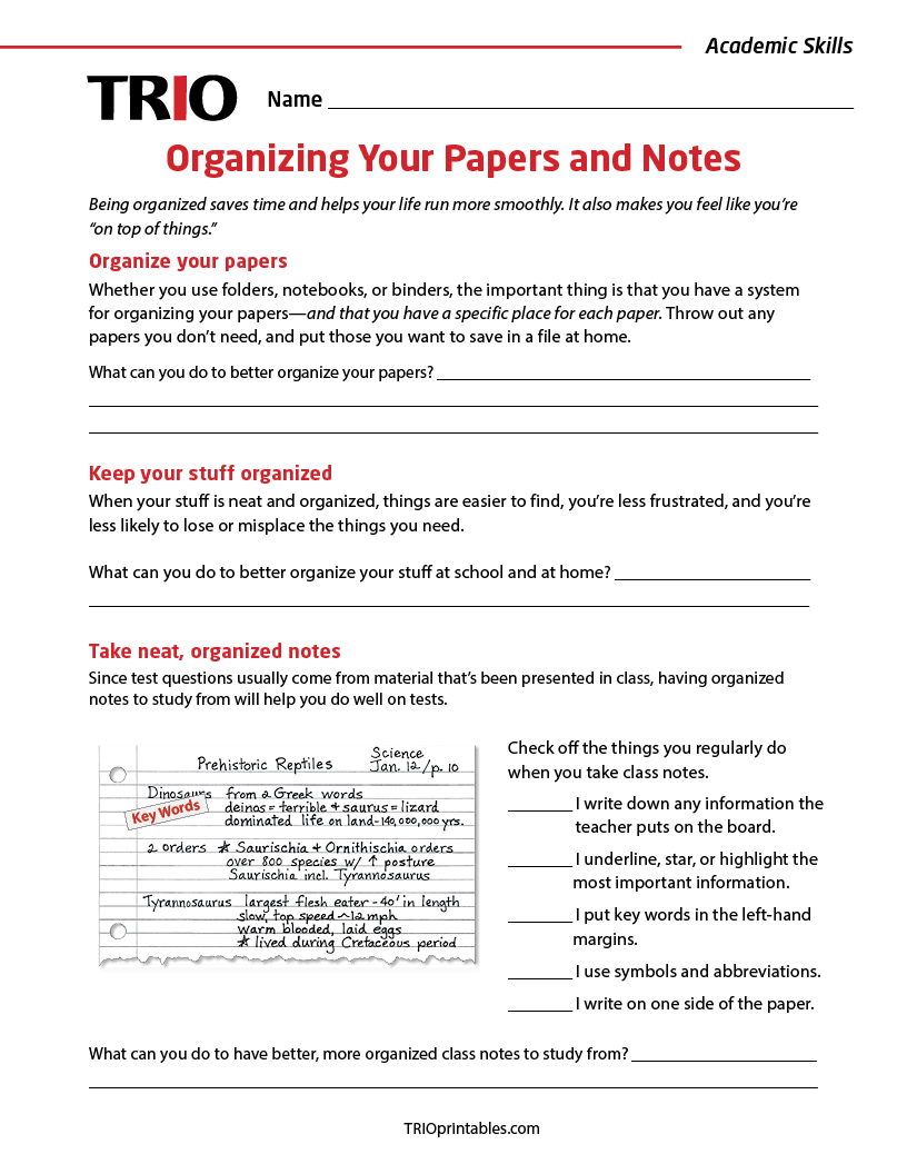 Organizing Your Papers and Notes Activity Sheet