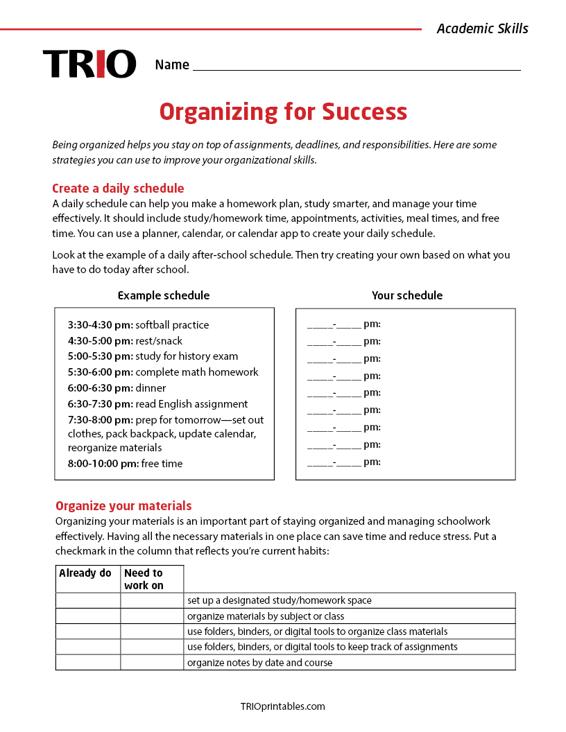 Organizing for Success Activity Sheet – TRIO Printables