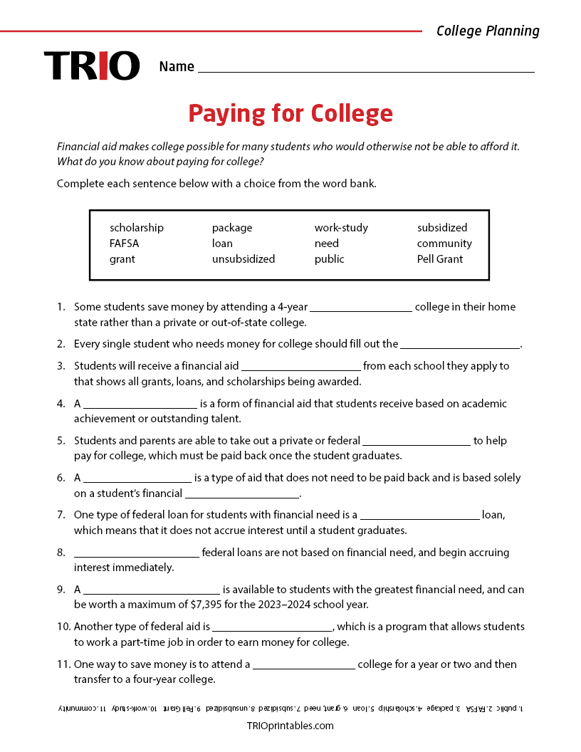 Paying for College Activity Sheet