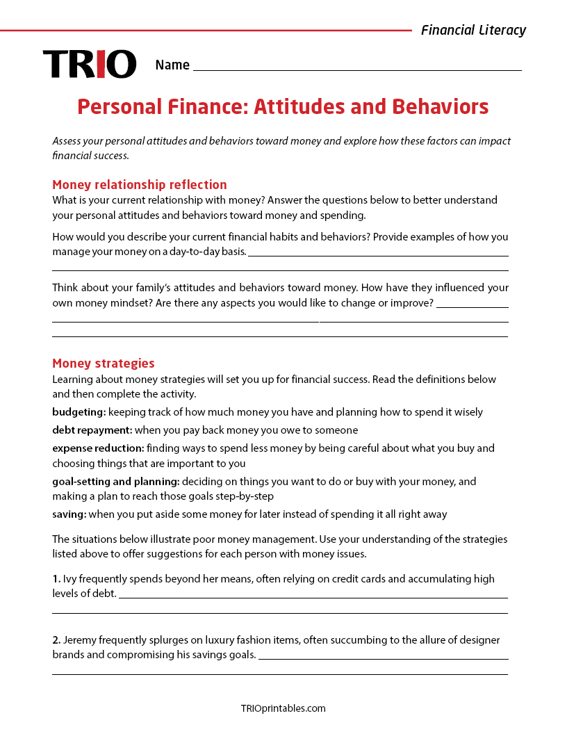 Personal Finance: Attitudes and Behaviors Activity Sheet
