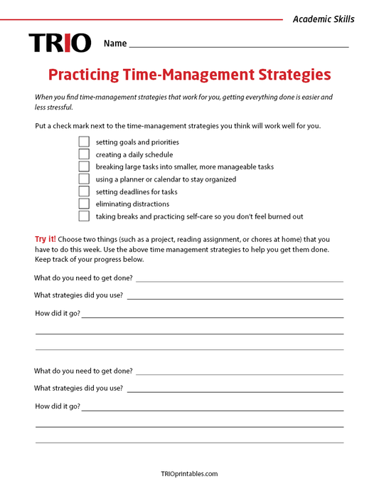 Practicing Time-Management Strategies Activity Sheet