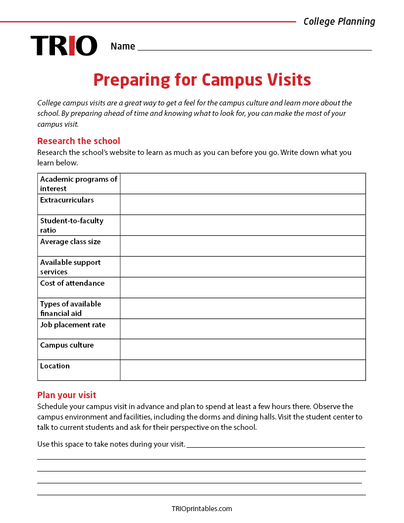 Preparing for Campus Visits Activity Sheet