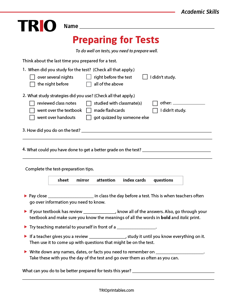 Preparing for Tests Activity Sheet